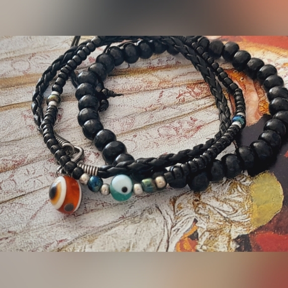 Set Of 3 Leather Bracelets With Evil Eye Bead - Picture 1 of 8